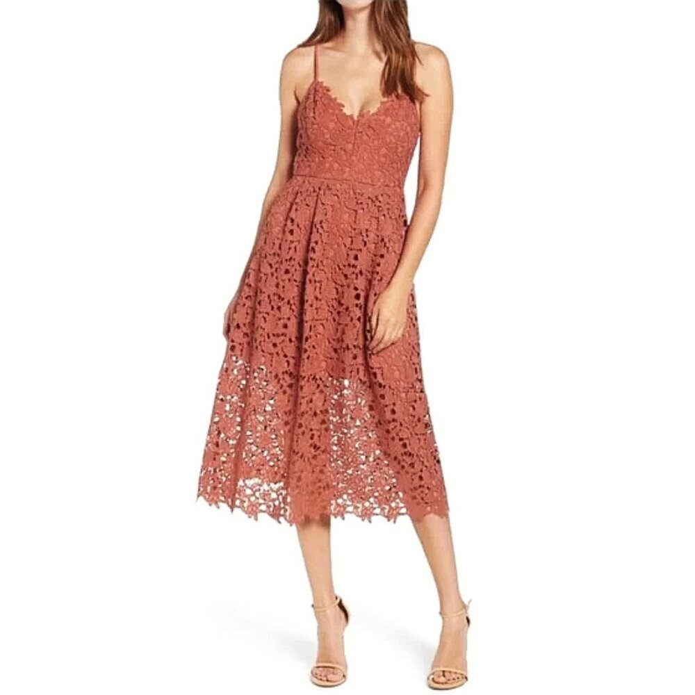 ASTR Lace A-Line Midi Coral Cedar Floral Cut-Outs Crochet Fit And Flare Skater S